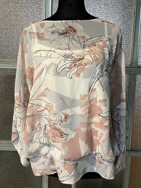 Alfani Pink & Cream Floral Chiffon Sheer Bubble Sleeve Blouse
